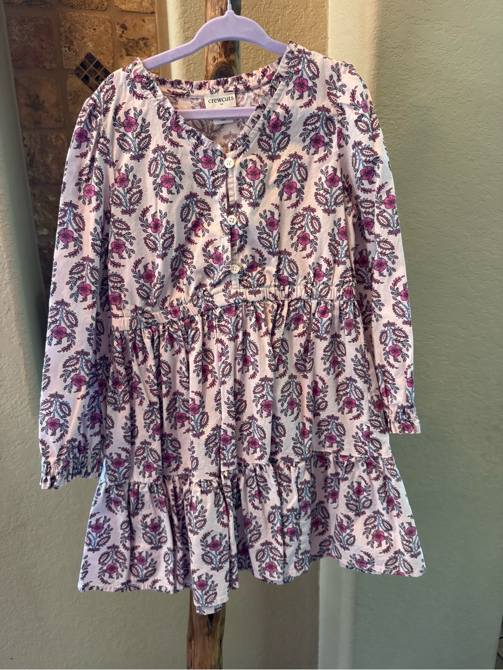 Crewcuts White Dress with Pink Floral Print - Tiered Long Sleeve